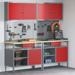 vidaXL Werkbankset met lade 8 pcs Rood en Grijs Gepoedercoat staal
