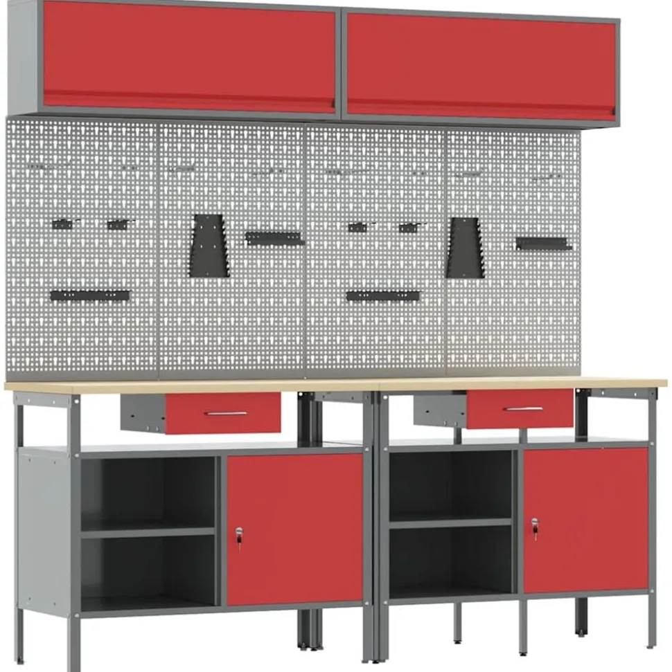 vidaXL Werkbankset met lade 8 pcs Rood en Grijs Gepoedercoat staal