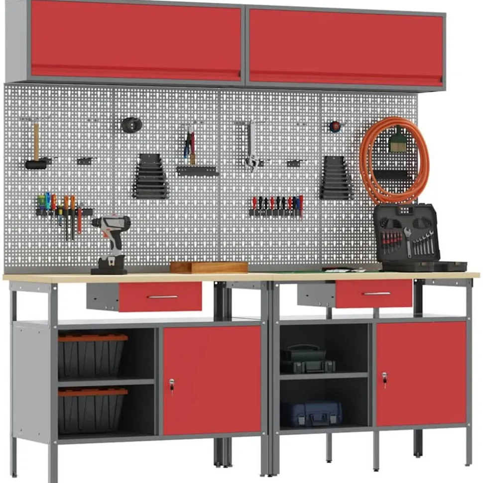 vidaXL Werkbankset met lade 8 pcs Rood en Grijs Gepoedercoat staal