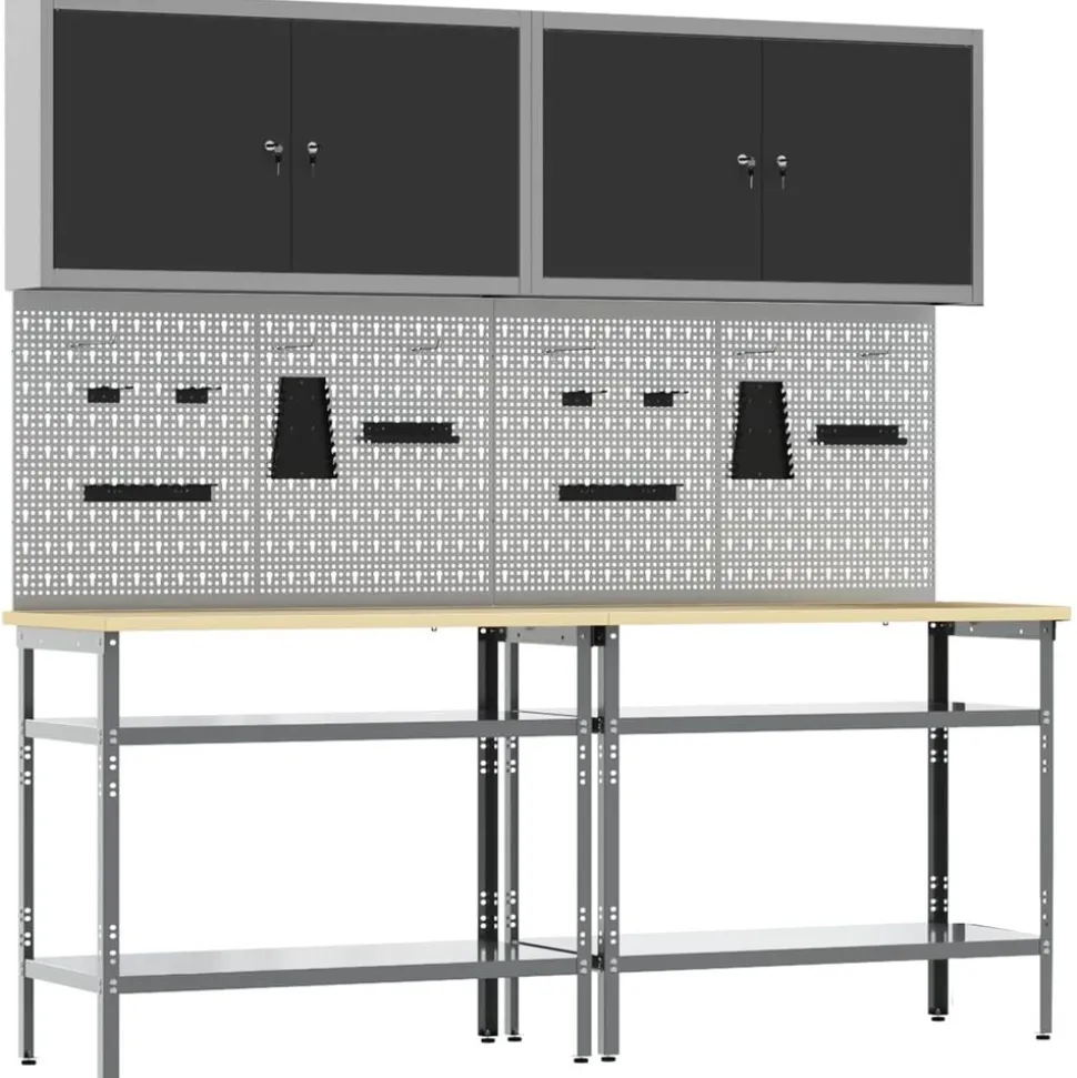 vidaXL Werkbankset met plank 8 pcs Zwart en Grijs Gepoedercoat staal