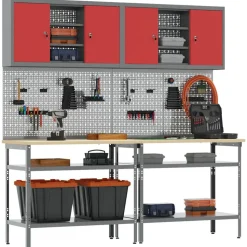 vidaXL Werkbankset met plank 8 pcs Rood en Grijs Gepoedercoat staal