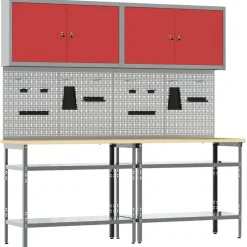vidaXL Werkbankset met plank 8 pcs Rood en Grijs Gepoedercoat staal