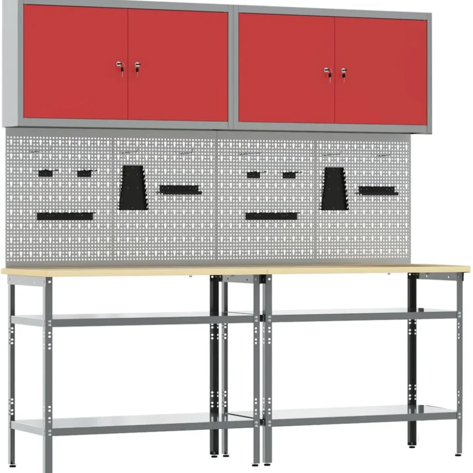 vidaXL Werkbankset met plank 8 pcs Rood en Grijs Gepoedercoat staal