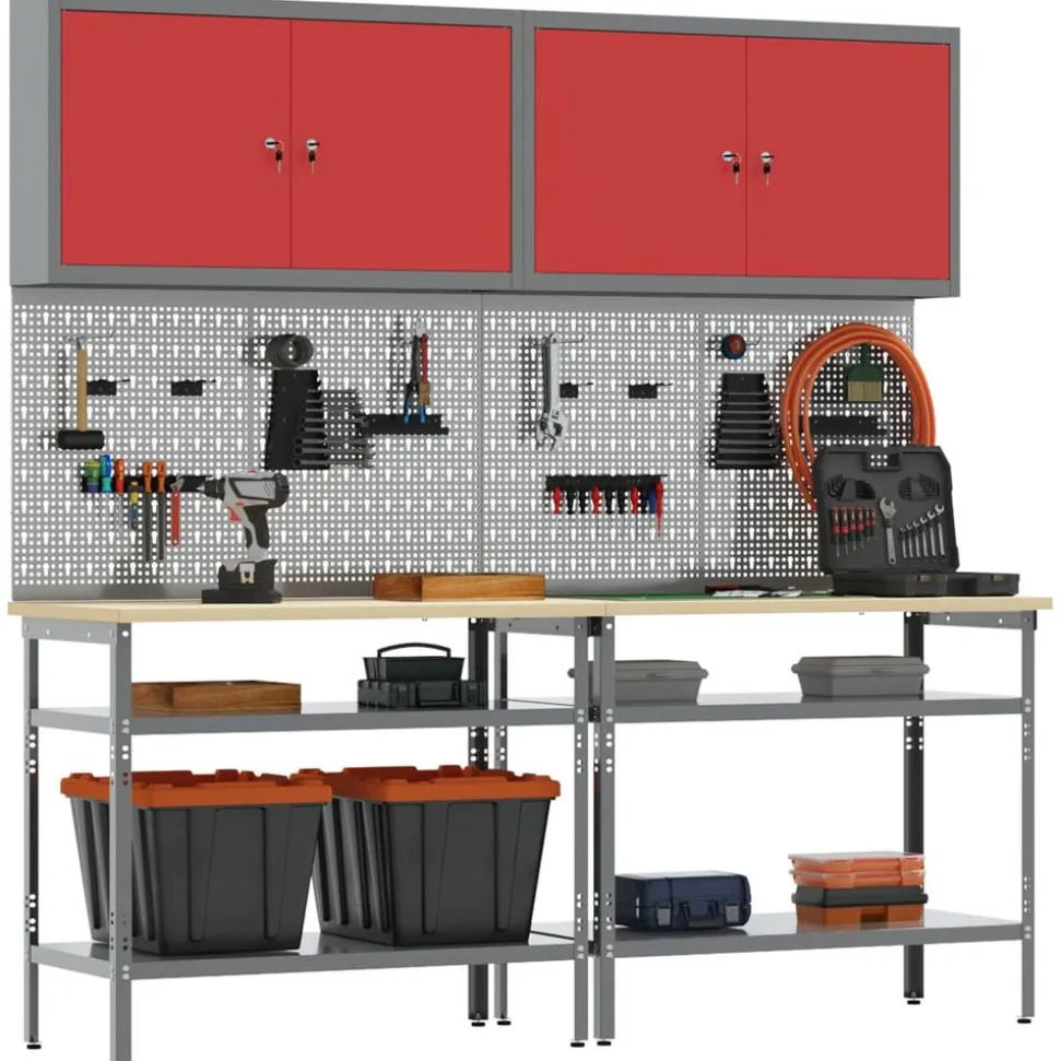 vidaXL Werkbankset met plank 8 pcs Rood en Grijs Gepoedercoat staal