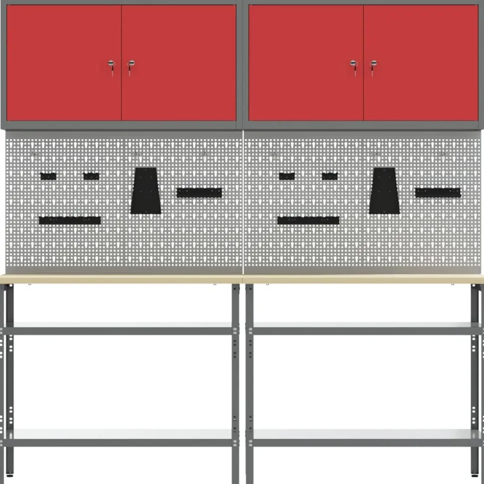 vidaXL Werkbankset met plank 8 pcs Rood en Grijs Gepoedercoat staal