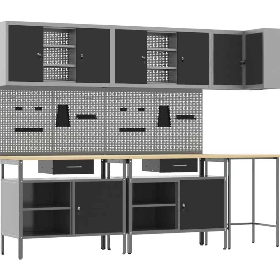 vidaXL Werkkast set met lade met plank met slot 10 pcs Zwart en Grijs