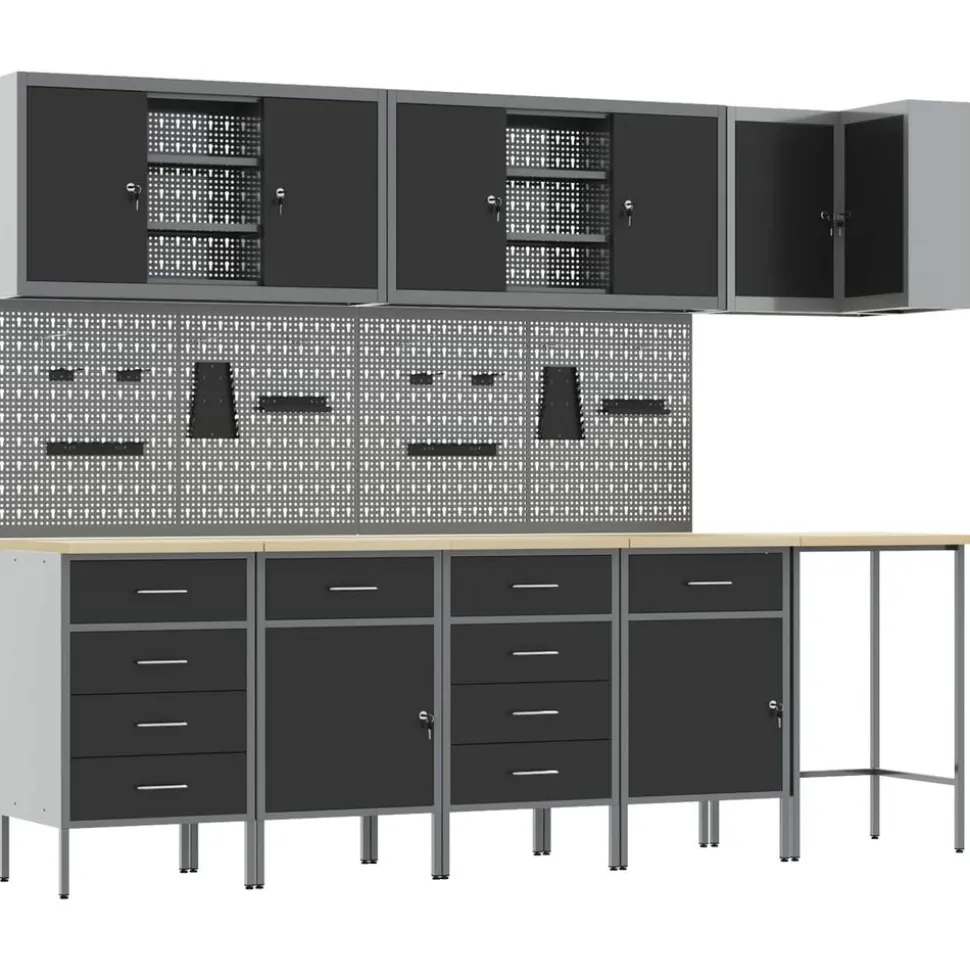 vidaXL Werkkast set met lade met plank met slot 12 pcs Zwart en Grijs