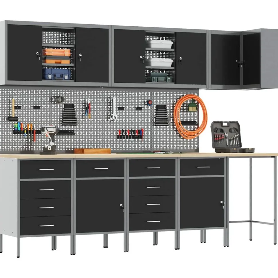 vidaXL Werkkast set met lade met plank met slot 12 pcs Zwart en Grijs