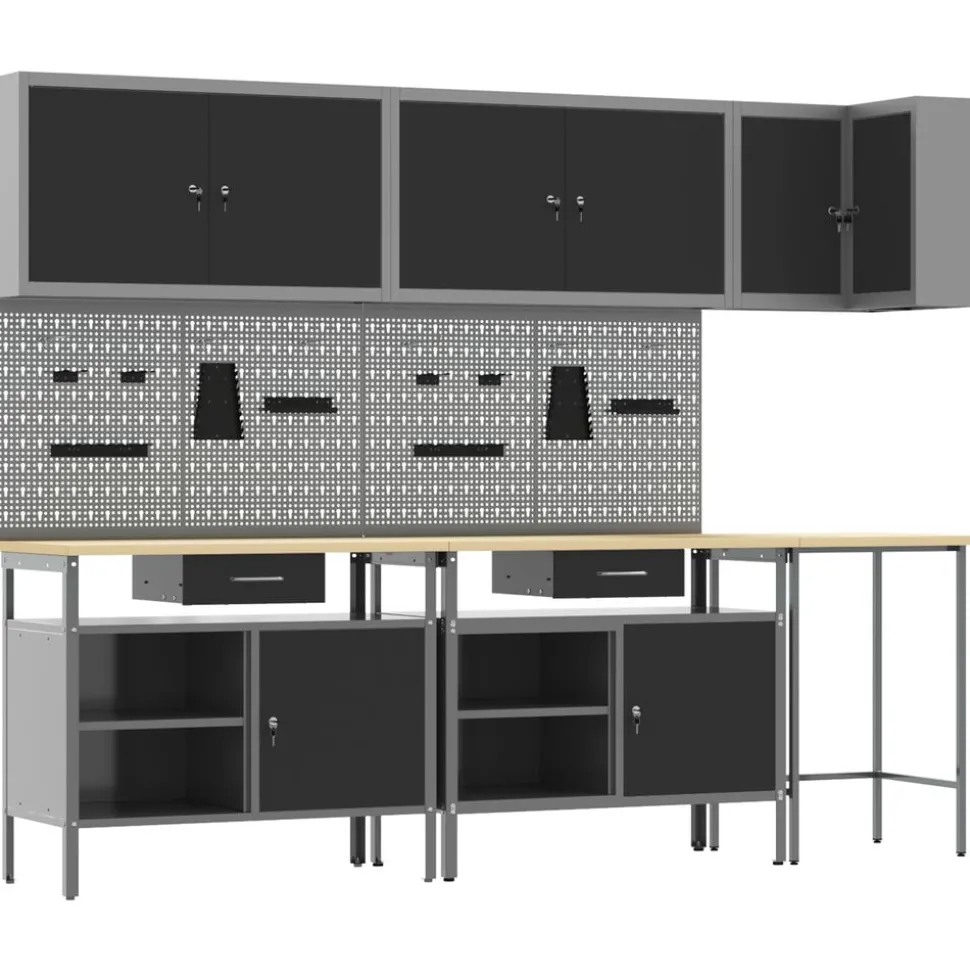 vidaXL Werkkast set met lade met plank met slot 10 pcs Zwart en Grijs