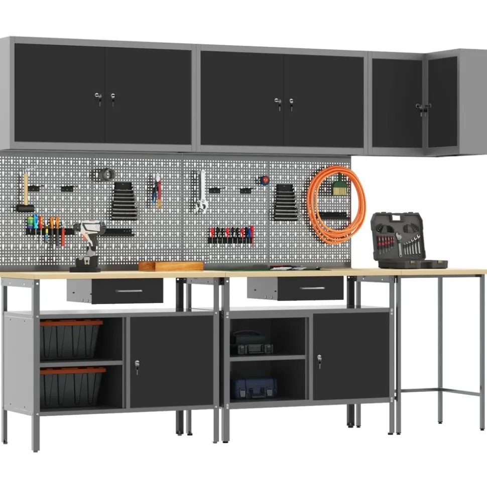 vidaXL Werkkast set met lade met plank met slot 10 pcs Zwart en Grijs