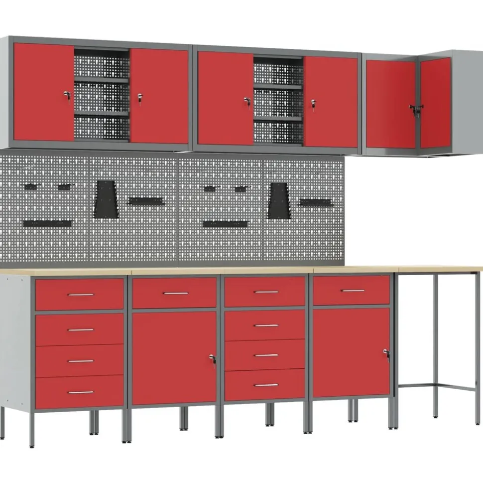 vidaXL Werkkast set met lade met plank met slot 12 pcs Zwart en Grijs