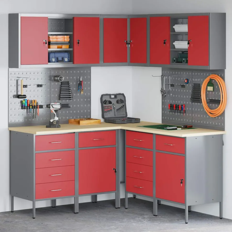vidaXL Werkkast set met lade met plank met slot 12 pcs Zwart en Grijs