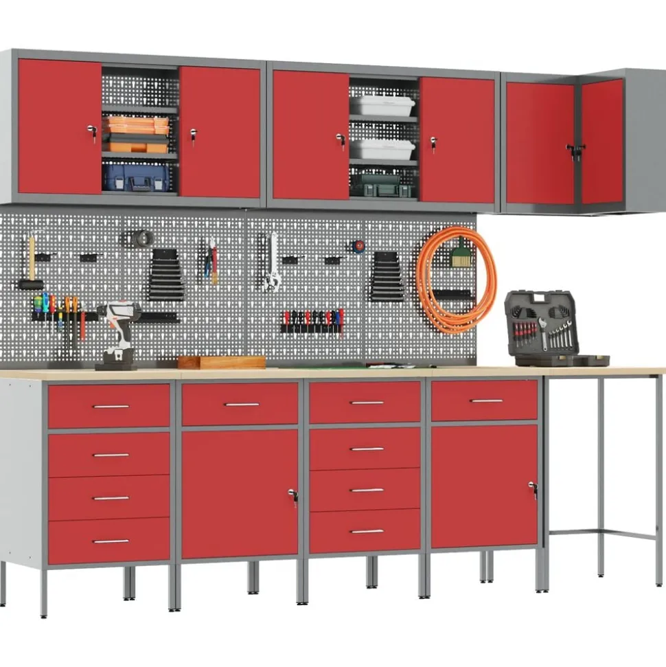 vidaXL Werkkast set met lade met plank met slot 12 pcs Zwart en Grijs