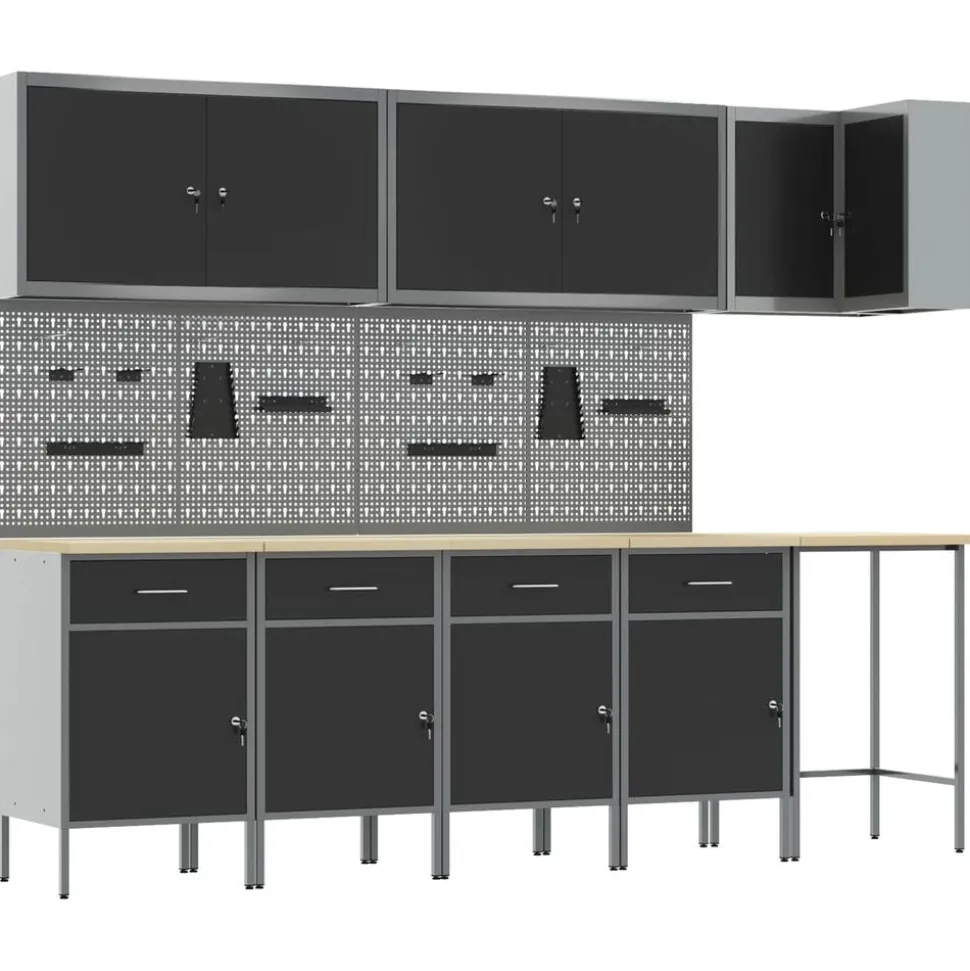 vidaXL Werkkast set met lade met plank met slot 12 pcs Zwart en Grijs