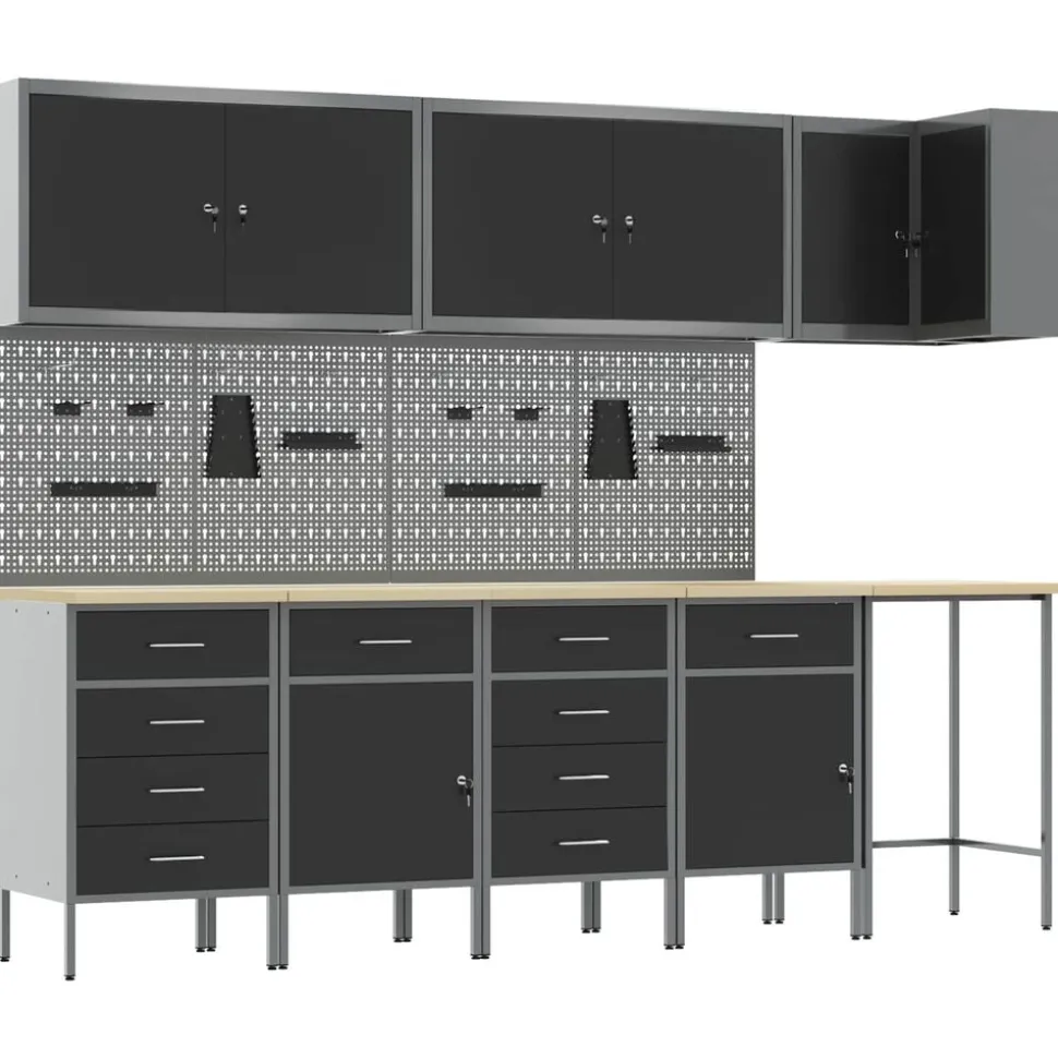 vidaXL Werkkast set met lade met plank met slot 12 pcs Zwart en Grijs