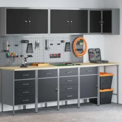 vidaXL Werkkast set met lade met plank met slot 12 pcs Zwart en Grijs