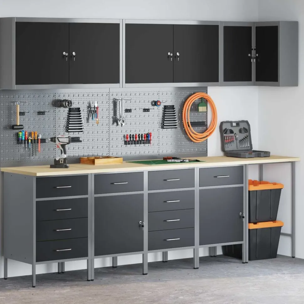 vidaXL Werkkast set met lade met plank met slot 12 pcs Zwart en Grijs