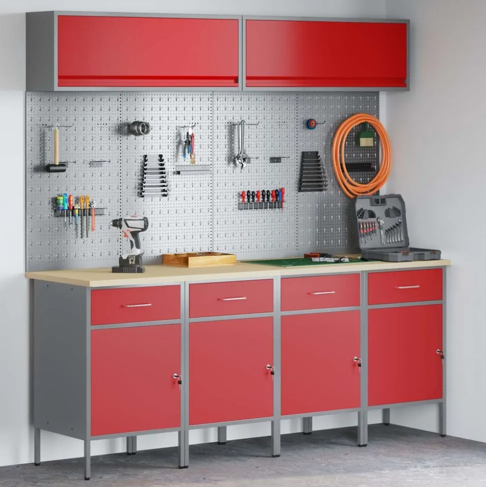 vidaXL Werkkast set met lade met opslag met slot 10 pcs Rood