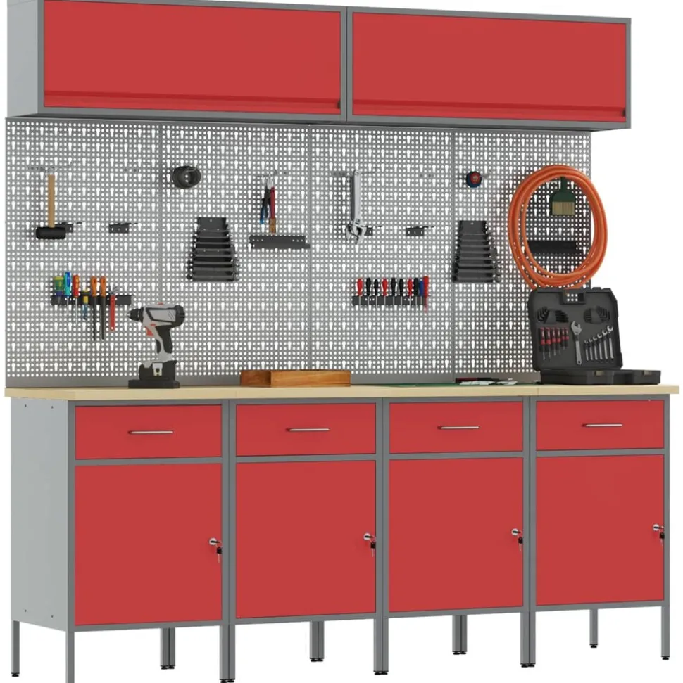 vidaXL Werkkast set met lade met opslag met slot 10 pcs Rood