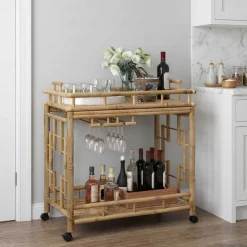 vidaXL Wijn Trolley Met Wielen Naturel 85 x 50 x 93 cm Bamboe