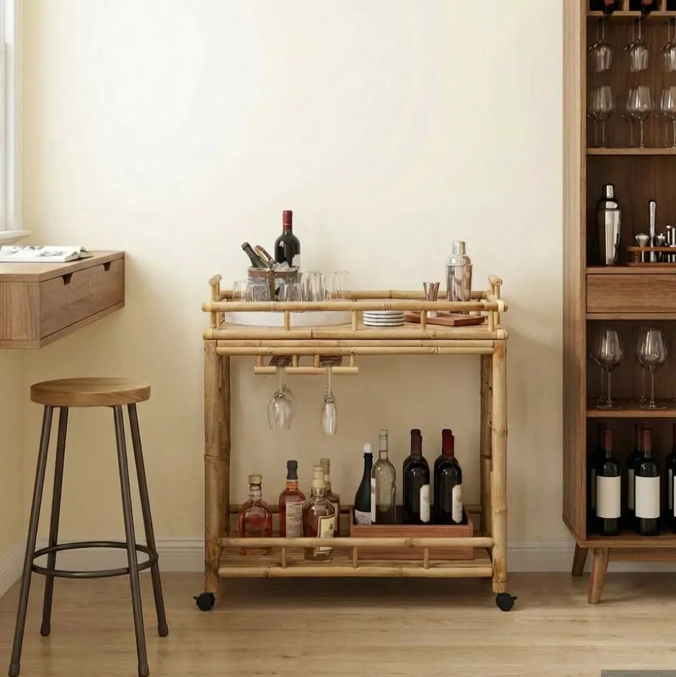 vidaXL Wijn Trolley Met Wielen Naturel 85 x 50 x 93 cm Bamboe