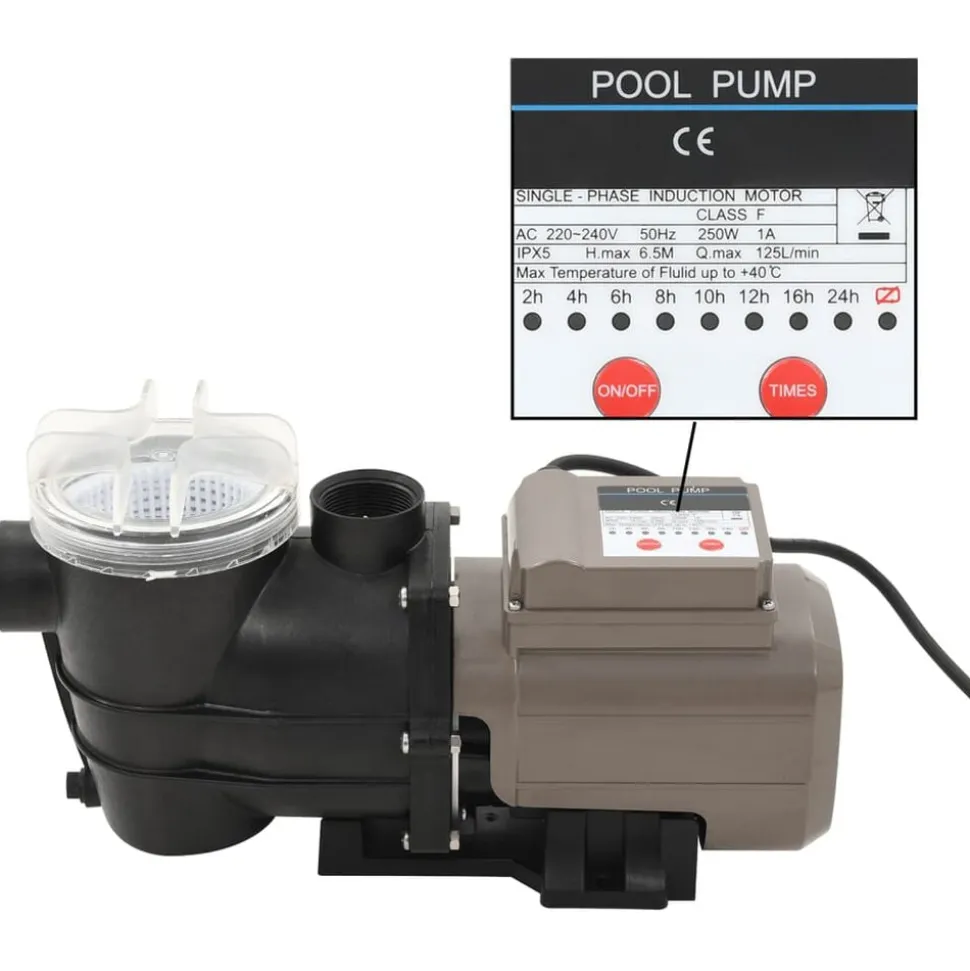 vidaXL Zwembadpomp met timer 0,25 pk 8000 L/u zwart