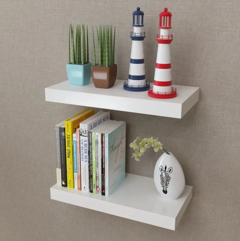 Wandplanken MDF zwevend voor boeken/dvd wit 2 st